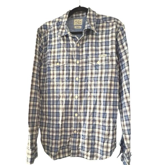 Lucky Brand Western Shirt PearlSnap Blue Plaid  M Chest Pockets Country Rodeo - Picture 1 of 10